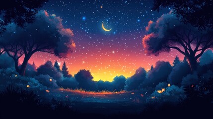 Naklejka premium Ethereal Nightscape with Crescent Moon, Stars, and Glowing Forest, Digital Painting.