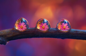 Dew Drops with Pink Flowers on Olive Branch. AI generated illustration