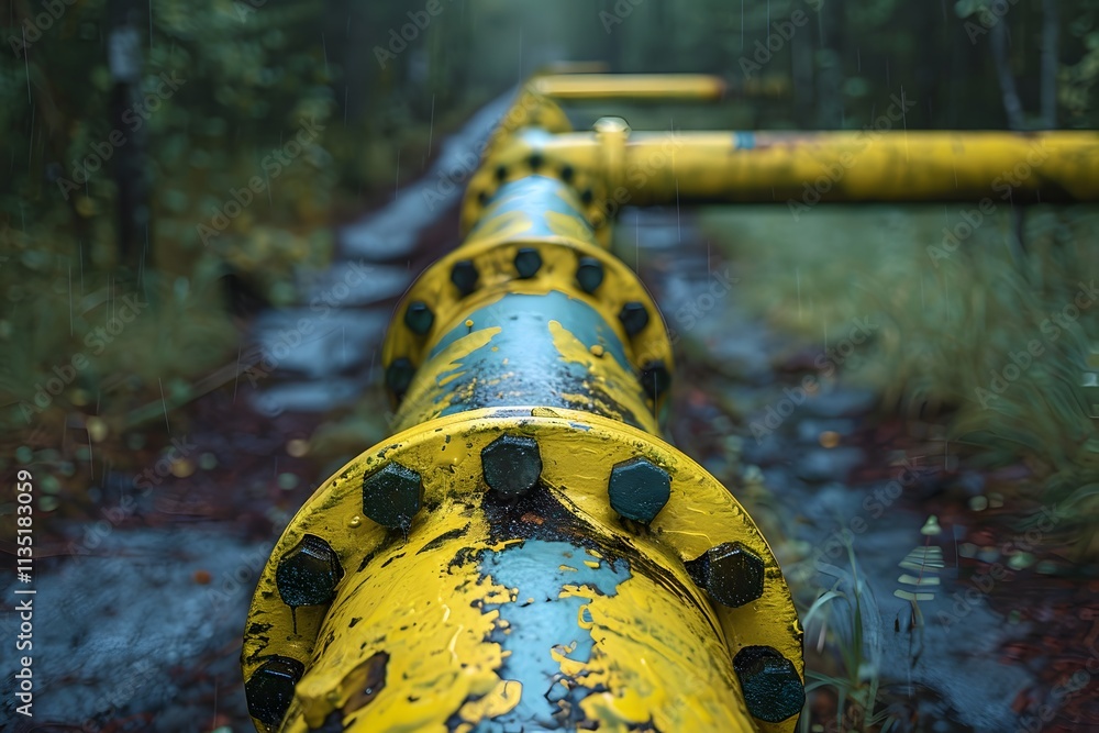 Poster rusty yellow pipeline in a misty forest setting