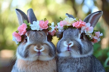 Two adorable rabbits with flower crowns in a vibrant garden setting, celebrating Easter. AI generated illustration