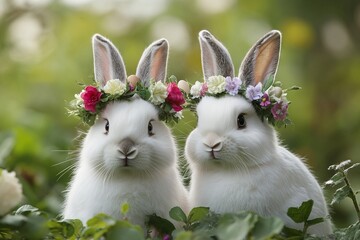 Two adorable rabbits with flower crowns in a vibrant garden setting, celebrating Easter. AI generated illustration