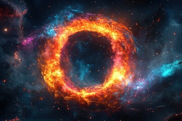 Obraz premium Cosmic wallpaper, black hole forming letter O, starry night background, bright sparks, copy space