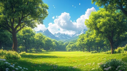 Obraz premium Scenic Mountain Meadow with Lush Green Trees and Blue Sky, Serene Natural Landscape.