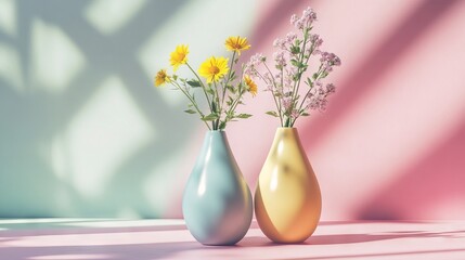 Two pastel vases with flowers on a minimalist table, casting soft shadows, set against a pastel background. AI generated illustration