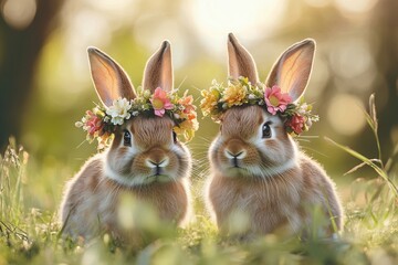 Two adorable rabbits with flower crowns in a vibrant garden setting, celebrating Easter. AI generated illustration