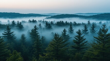 Obraz premium A serene forest landscape shrouded in mist during early morning light.
