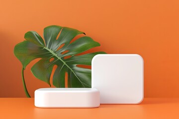 Minimalist podium mockup with white rounded boxes and green monstera leaf on orange background. AI generated illustration
