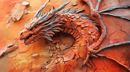 Hyper-realistic 3D relief dragon made of cracked red and orange clay on an abstract background. AI generated illustration