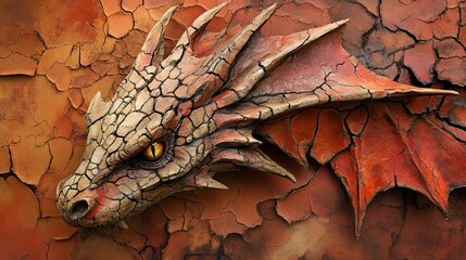 Hyper-realistic 3D relief dragon made of cracked red and orange clay on an abstract background. AI generated illustration