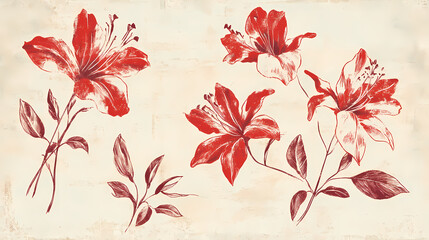 Vintage red floral patterns on a worn cream background evoke classic elegance and timeless charm. Timeless. Illustration