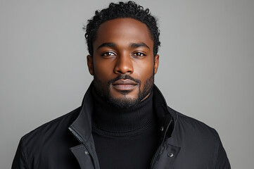 Obraz premium A confident African American man in a black turtleneck and jacket, posing against a simple studio background.