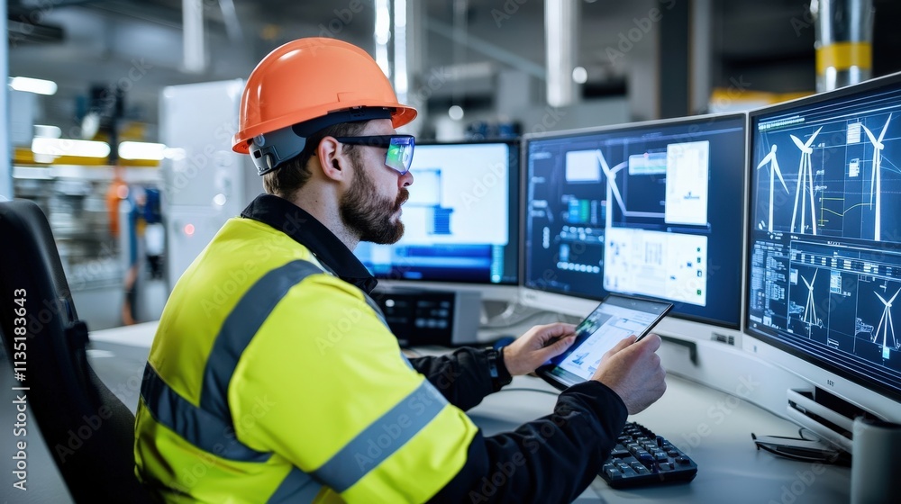 Aufkleber An engineer using an augmented reality interface to analyze wind turbines in a control room