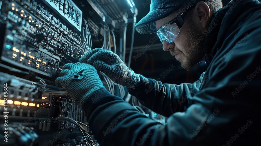 Aufkleber an electrician in reflective gloves wiring a digital control panel with glowing buttons
