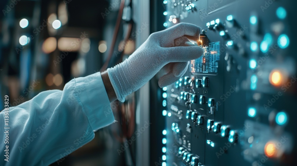 Aufkleber an electrician in reflective gloves wiring a digital control panel with glowing buttons