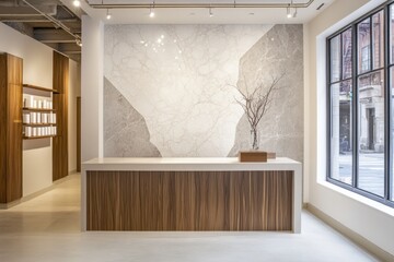 Modern minimalist reception desk in a spa or clinic.