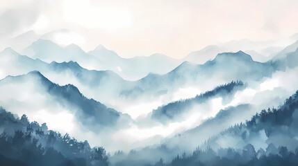 Watercolor illustration painting clouds in the mountains foggy neutral tones handmade timeless ethereal dreamy layers. Timeless. Illustration