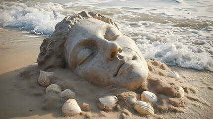 Weathered stone sculpture head buried in sand on timeless beach with waves and seashells. Timeless. Illustration