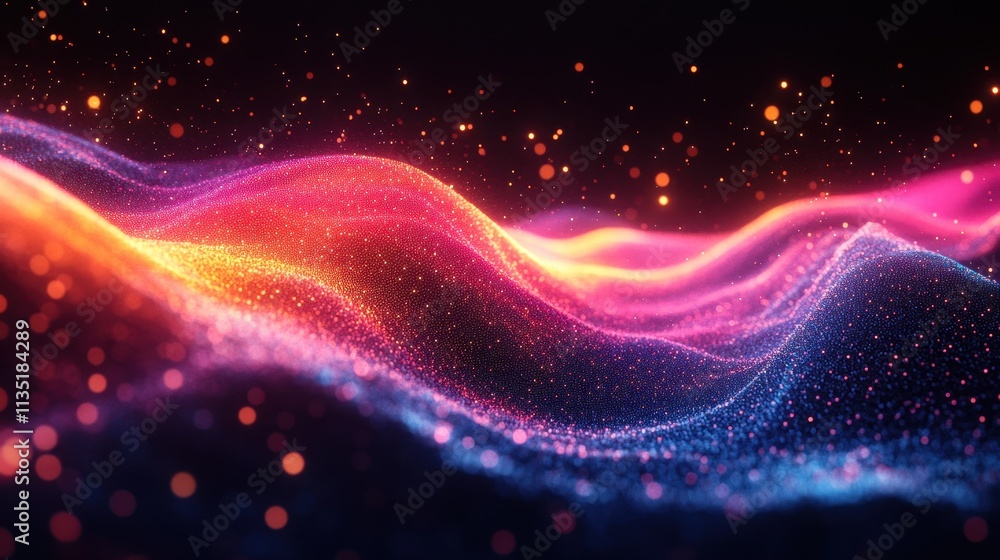 Poster abstract glowing particle wave with bokeh effects on dark background.