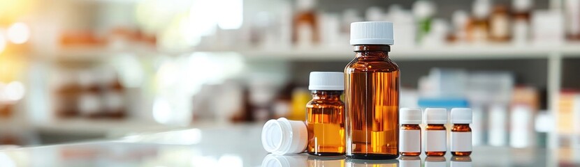 Close-up view of various amber glass bottles with white caps, and smaller containers, possibly skincare or essential oil products