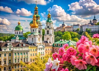 Fototapeta premium Stunning Springtime View of Majestic Old Architecture in the Heart of Kiev, Showcasing Beautiful Historical Buildings Surrounded by Blooming Flowers and a Clear Blue Sky