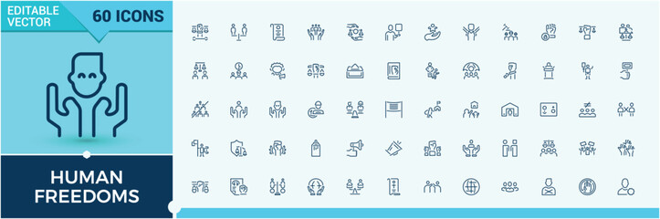 Human Freedoms icon set. Contains related to faith, court, rights, tolerance, man, protection, freedom, work. Outline icon collections. Editable vector stroke.
