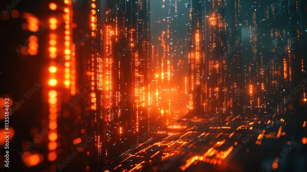 Poster abstract futuristic cityscape with glowing orange data streams and dark background, artificial intel