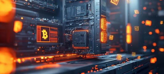 A minimalist illustration of a cryptocurrency mining rig, with powerful processors and digital symbols floating around, symbolizing blockchain and digital currencies