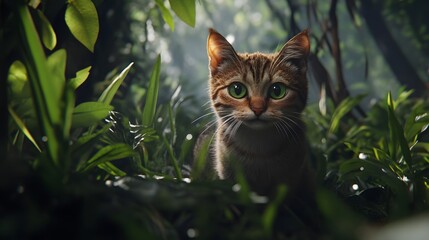 Mysterious cat with striking green eyes hides among lush foliage in afternoon light