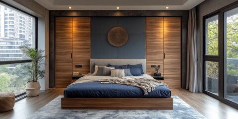 Modern bedroom with navy bedding, wood accents, and large windows.