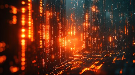Abstract Futuristic Cityscape with Glowing Orange Data Streams and Dark Background, Artificial Intelligence Concept.