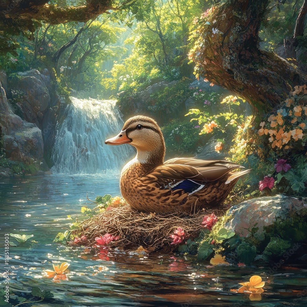 Poster a serene scene of a duck resting on a nest by a tranquil waterfall in a lush forest.