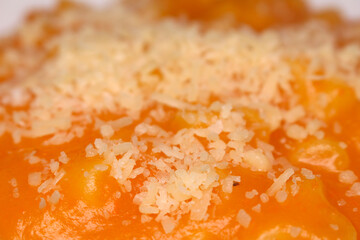 soup with cheese. carrot soup with potato and pasta. carrot and potato paste. meal details. close up on food.