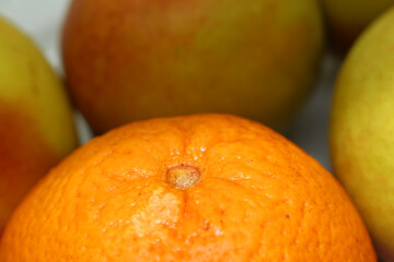 set of fruits. tangerine with nectarines in the background. fruit with selective focus. details of tangerine with blurred background.