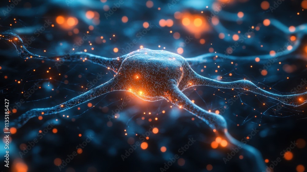 Poster Microscopic View of a Neuron Abstract 3D Render of Neural Network with Glowing Synapses and Connections
