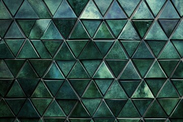 Dark green mosaic tile pattern, geometric fluted triangles, abstract wallpaper