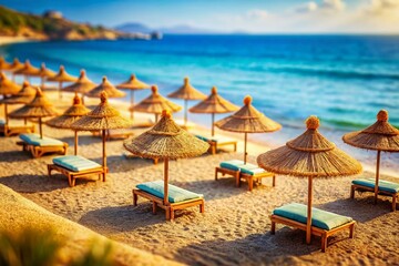 Stunning Tilt-Shift Photography of Straw Umbrellas on a Beautiful Empty Beach with Sunbeds, Capturing the Serenity of a Secluded Coastal Paradise