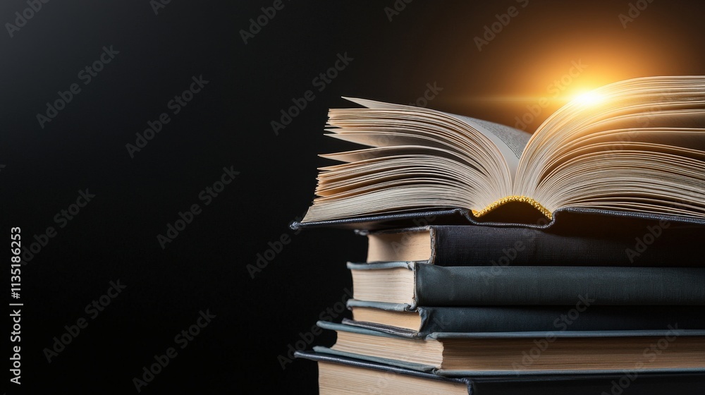 Aufkleber A stack of old books with glowing light emerging from an open one, symbolizing knowledge and learning, dramatic shadows, cinematic look