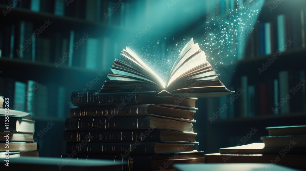 Aufkleber A stack of old books with glowing light emerging from an open one, symbolizing knowledge and learning, dramatic shadows, cinematic look