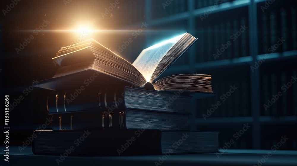 Poster A stack of old books with glowing light emerging from an open one, symbolizing knowledge and learning, dramatic shadows, cinematic look