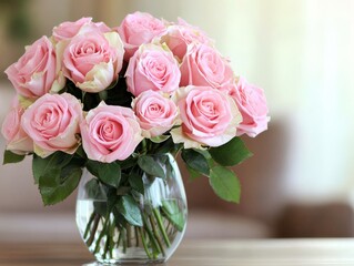 A Delicate Bouquet of Pink Roses in a Glass Vase