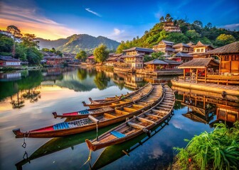 Fototapeta premium Stunning Traditional Chinese Boats at Baan Rak Thai Village by Serene Lake in Mae Hong Son, Thailand, Perfect for Urban Exploration and Scenic Tourism Photography
