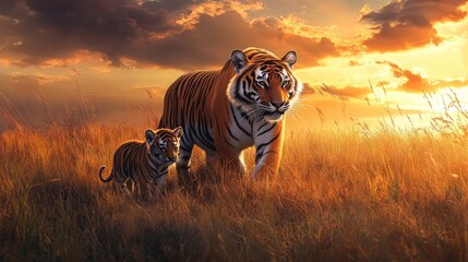 Fototapeta premium Tigers walking together in golden grassy field at dusk.
