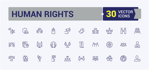 Human Rights line icon collections. Contains related to education, equal, linearity, donation, work and more. Modern thin icons. Editable vector stroke.