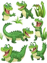 Crocodile. Cartoon cute crocodiles, wild humorous alligator character for babies. Art animal africa jungle, nowaday funny nursery graphics vector set