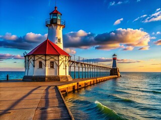 Stunning View of Michigan City East Pierhead Lighthouse on a Bright Sunny Day with Clear Blue Skies and Calm Waters, Ideal for Travel and Nature Photography