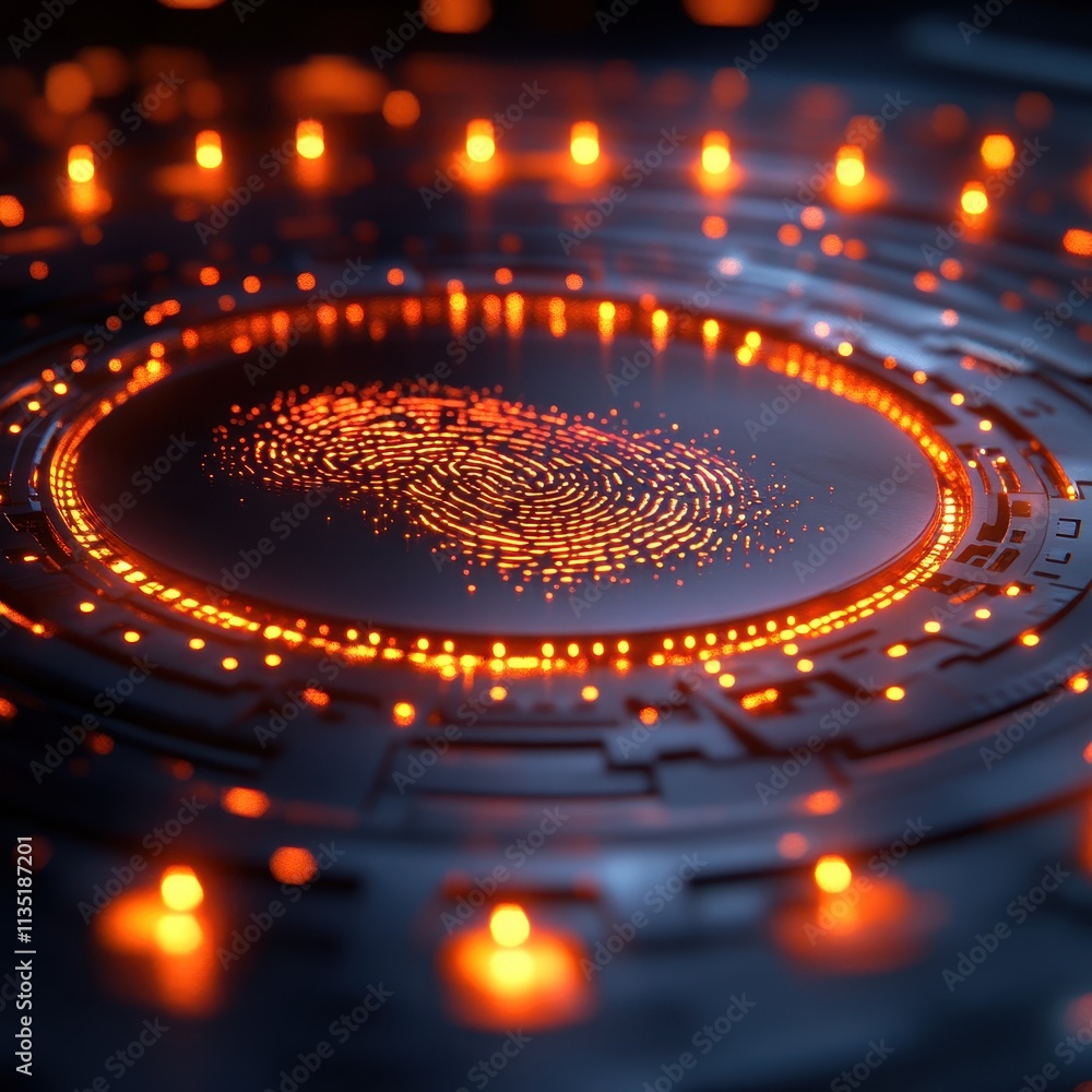 Poster glowing fingerprint on futuristic technology interface - abstract biometric security concept