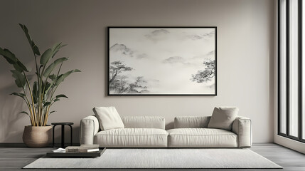 Rustic japanese interior design with frame mockup, modern interior design. Timeless. Illustration