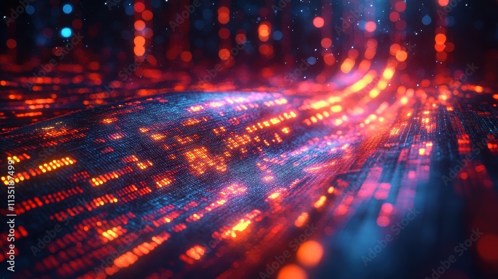 Poster abstract digital landscape with red and blue bokeh lights and data stream effect.