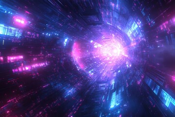 Naklejka premium Futuristic sci-fi background, dark empty space, blue and purple neon light