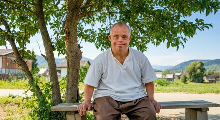 Smiling man with down syndrome enjoying outdoors on a sunny day